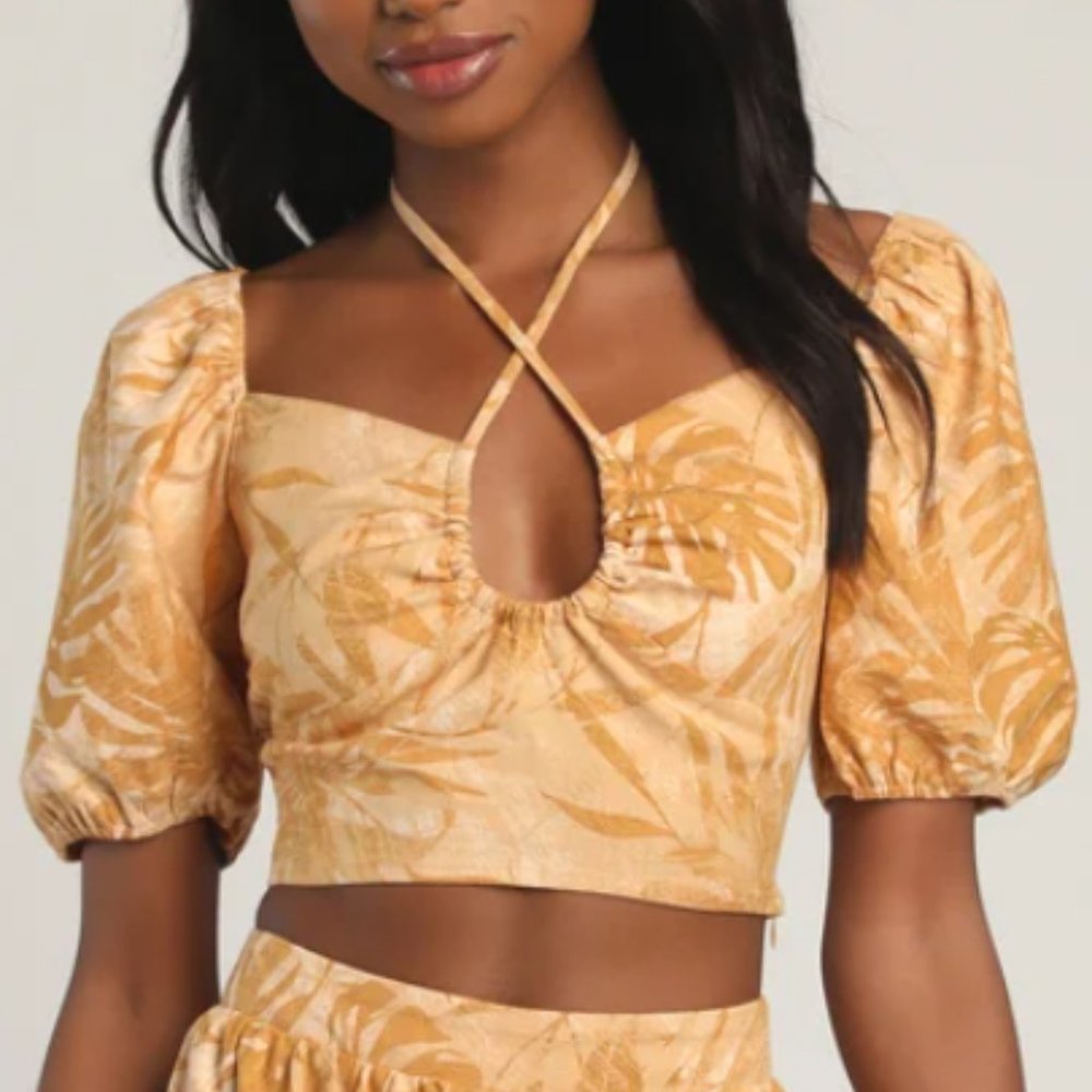 Lulu's Mustard Yellow Floral Crop Top with Puff Sleeves